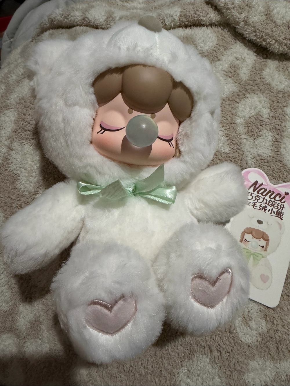 Nanci Chocolate Bear Plush Doll in White with Mint Bow